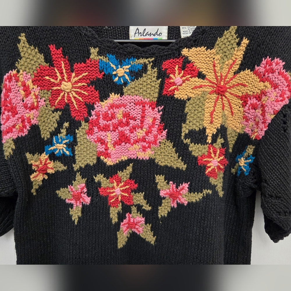 Vintage Arlando 90s Floral Knit Sweater Pointelle Embroidered Womens M Spring - Picture 3 of 5